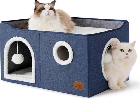 Bedsure Extra-Wide Cat House for Indoor Cats, Large Cat Cave with Fluffy Ball Hanging and Scratch Pad, Blue
