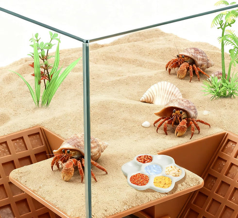 2 Hermit Crab Hideout Cave with Food Dishes & Aquarium Plants Underground Habitat Shelter for Terrarium or Tank Corner