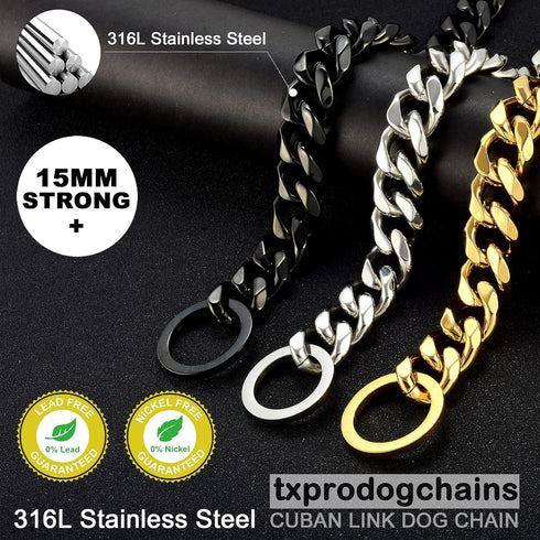 Dog Chain Collar Chew Proof, Heavy Duty 15mm Thick Stainless Steel Metal Cuban Link for Small Medium Large Dogs - Gold