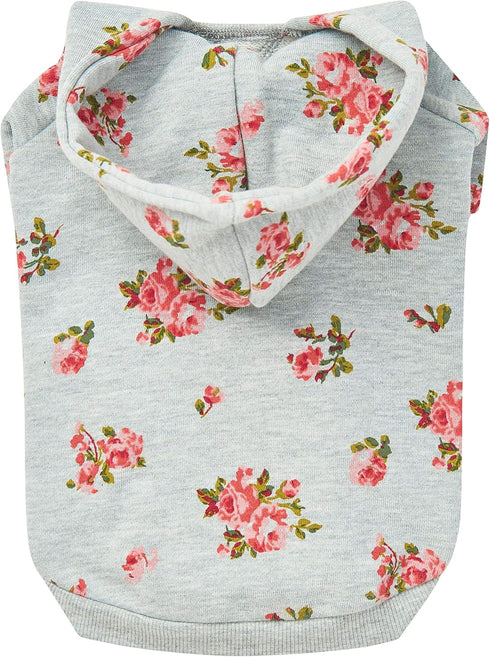 Blueberry Pet Floral Dog Hoodie, Rose Print Pullover Sweatshirt for Small Dogs, 10" Back Length, Stylish Grey