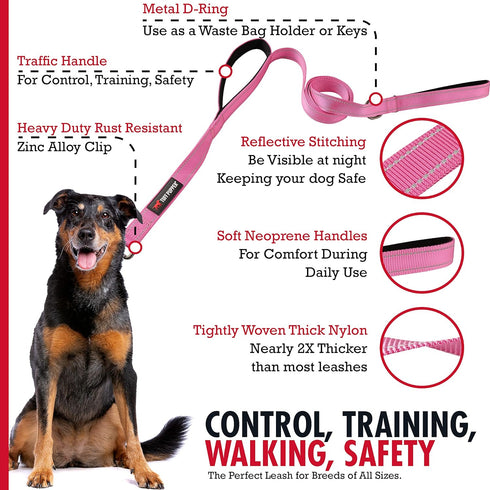 Tuff Pupper Heavy Duty Double Handle Dog Leash - 6 Foot Reflective with Twist Locking Carabiner for Strong Dogs