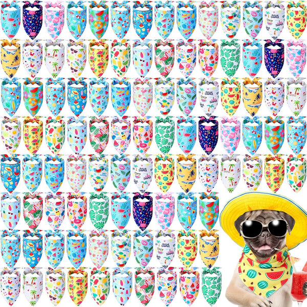 Sweetude 100 Pieces Hawaiian Dog Bandanas Bulk,Summer Bandanas for Dogs Fruit Flamingo