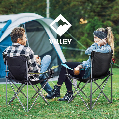 VILLEY Camping Chairs, Padded Folding Chair, Outdoor Portable High Camp Chair, Foldable Outside Arm Chair with Cup