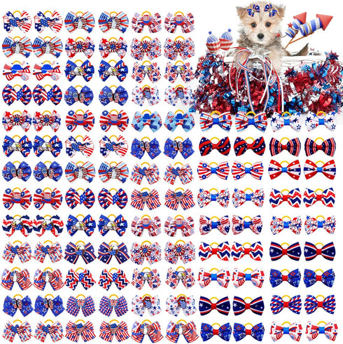 100Pcs/50Pairs Independence Day Dog Bows, Bulk 4th of July Patriotic Small Dog Hair Bows with Rubber Bands