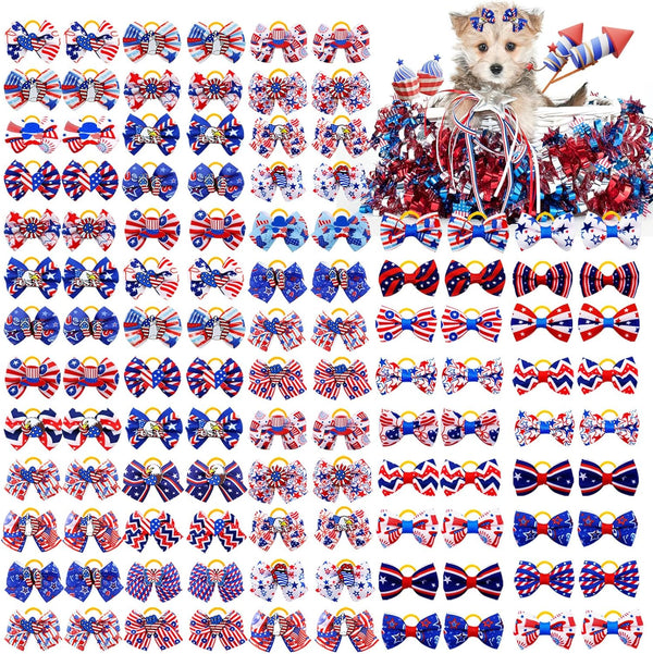 100Pcs/50Pairs Independence Day Dog Bows, Bulk 4th of July Patriotic Small Dog Hair Bows with Rubber Bands