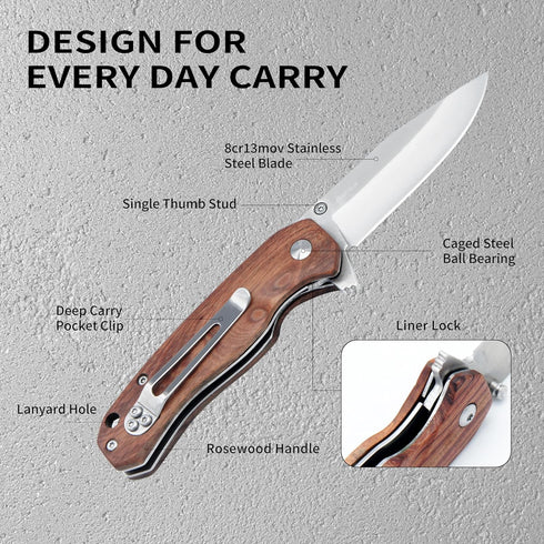 Wood Handle Pocket Knife, 2.9in 8Cr13MoV Stainless Steel Blade, EDC Knife for Hunting, Camping, Hiking, 6.5in