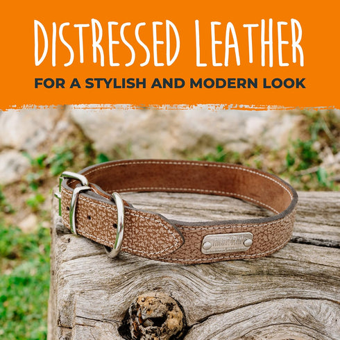 Mighty Paw Dog Lite Collar - Genuine Distressed Real Leather, Modern Designer Look, Lite Brown