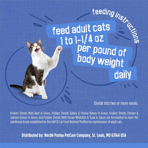 Pack, 48 Purina Friskies Wet Cat Food Variety Shreds With Beef, Turkey and Cheese Dinner, Chicken and Salmon Dinner