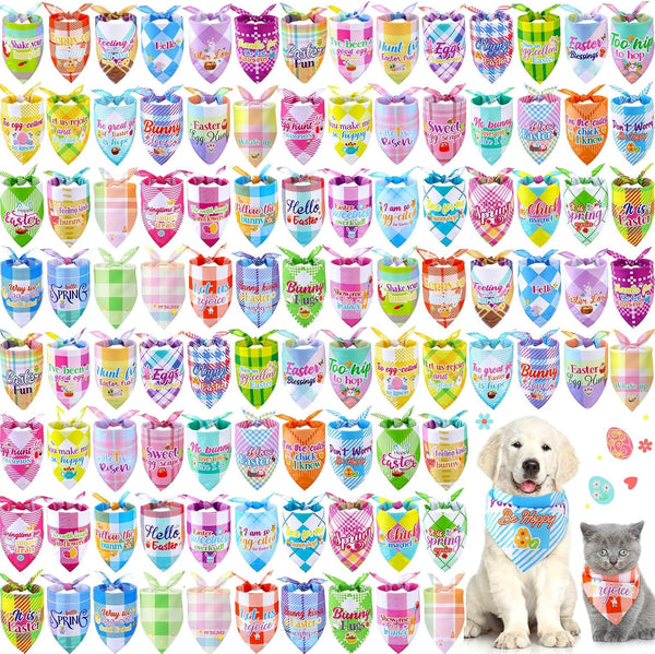 Sweetude 100 Pcs Easter Plaid Dog Bandanas Bulk with Sayings Easter PET