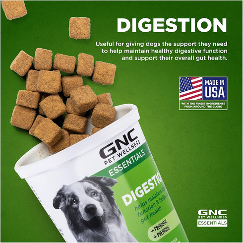 GNC Pets Essentials Digestion Supplements for Dogs, 60ct Soft Chews Bacon Flavor in 12oz Reusable Container
