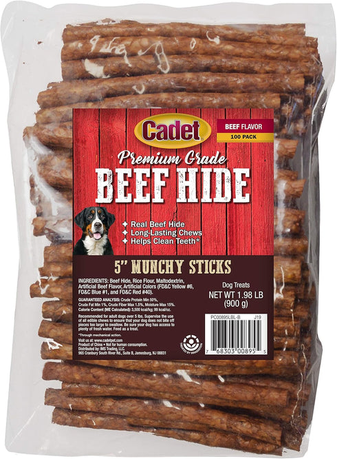 Cadet Premium Grade Munchy Beef Hide Sticks, Beef Flavor, 5 Inch, 100 Pack
