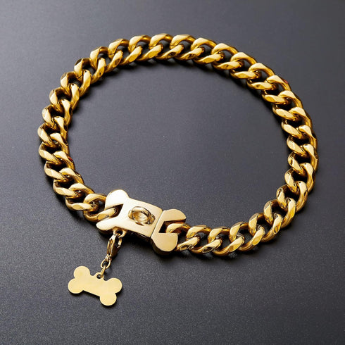 Heavy Duty Gold Chain Stainless Steel Cuban Link Dog Collar for Small Medium Large Dogs, American Bully (24")