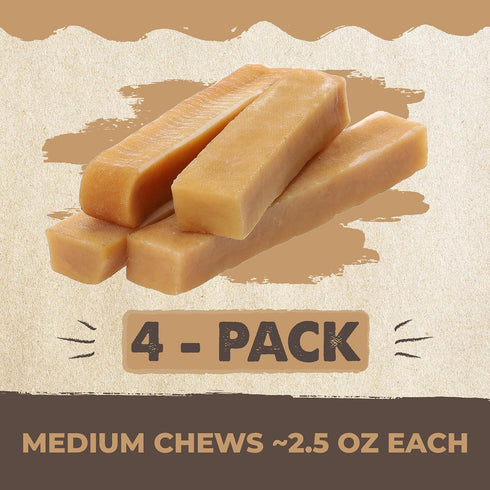 Mighty Paw Yak Cheese Chews for Dogs - All-Natural Long Lasting Pet Treats - Odorless Limited-Ingredient Chews for Puppies & Power-Chewers (Medium, 4 Pack)