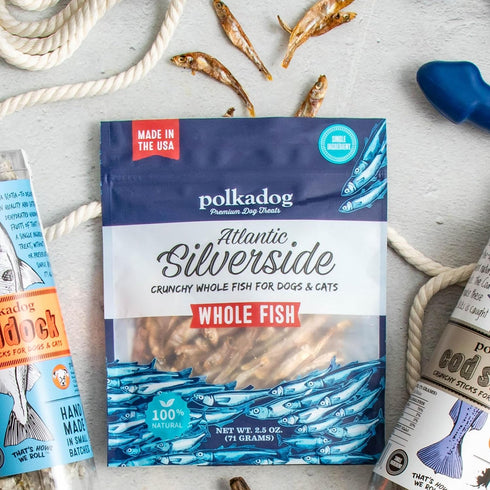 Polkadog Atlantic Silverside Whole Fish Dog Treats 2.5 oz: All-Natural Crunchy Pet Snacks for Dogs and Cats
