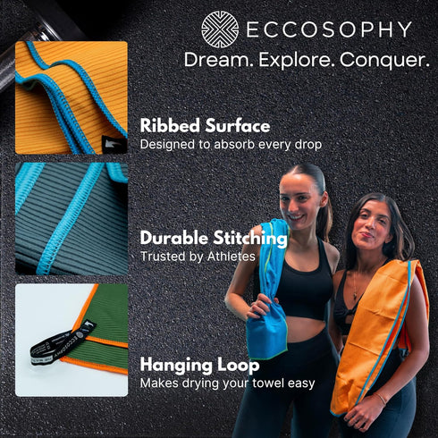40x20 ECCOSOPHY Microfiber Beach Towel Quick Dry Gym Towel, Highly Absorbent with Ribbed Texture, Lightweight Ideal
