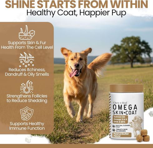 3 180 3 6 9 Omega Fish Oil for Dogs, Soft Chews - Salmon Oil Skin & Coat Supplement, Allergy & Itchy Skin Relief, Hot
