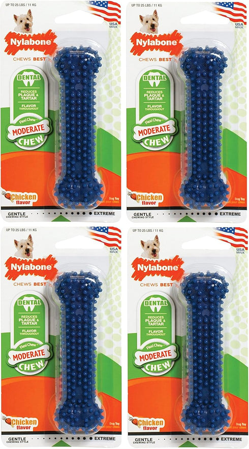 Nylabone 4 Pack of Moderate Chew Dental Chew Toys - Regular, Chicken Flavor - Made in The USA for Dogs Up to 25 Pounds