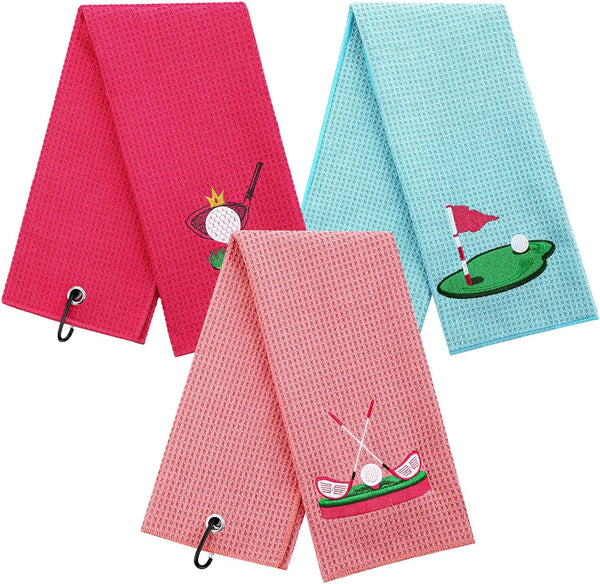 Moukeren 3 Pieces Elegant Golf Towel Embroidered for Golf Bags with Clip, Golf Gift for Women, Wife, Girlfriend