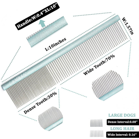 10inches Large Dog Grooming Comb for Shedding Matted Hair for Large Dogs Metal Dog Comb with Long Wide Tooth Comb for Poodles and Goldendoodles Reduce Tangles,Mats and Knots.(Blue)