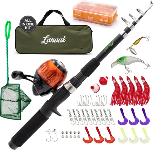 Kids Fishing Pole and Tackle Box - with Net, Travel Bag, Reel and Beginner’s Guide for Boys, Girls, or Youth