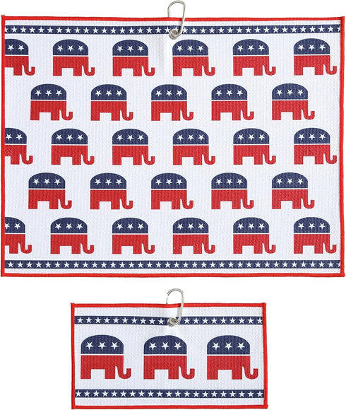 Republican Elephant Patriotic Golf Towel Set - Microfiber Waffle and Ball Towels with Clip for Women and Men