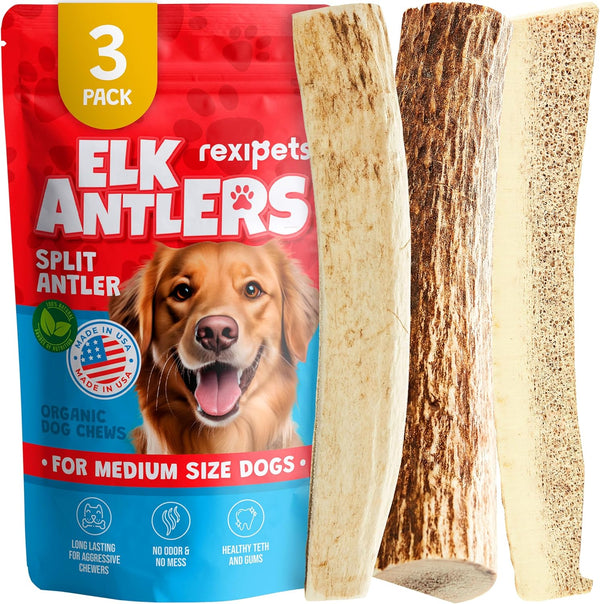 Split Medium Elk Antlers for Dogs (3 Pack) - Natural, Long-Lasting Chews for Aggressive Chewers, Naturally Shed in USA