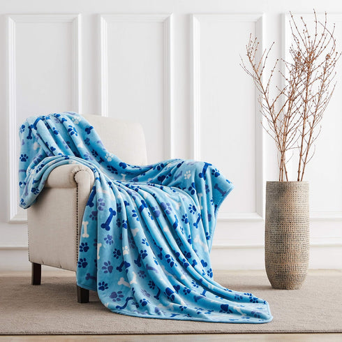 Allisandro Luxurious Dog Blanket, 350 GSM Microplush Fleece for Small Medium Large Dogs & Cats, Blue Paw & Bone, 40" x
