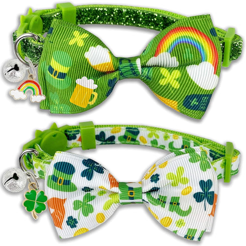 St. Patrick's Cat Collar with Bow Tie and Bell, Breakaway Lucky Irish Shamrock Collar for Male and Female Cats
