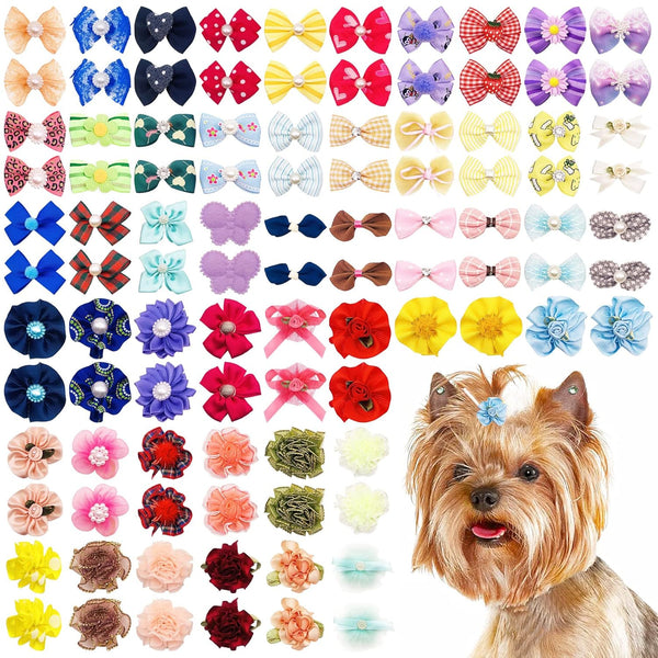 100pcs/50pairs Dog Hair Bows, Grooming Bulk with Rubber Bands in Mixed Colors, Toknot Bowknot Elastic for Small Medium