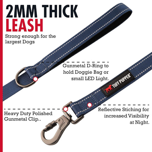Tuff Pupper Heavy Duty Double Handle Dog Leash, Twist Locking Carabiner Clip, Reflective for Safe Night Walks