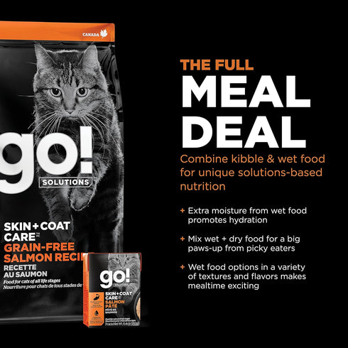 GO! SOLUTIONS Skin + Coat Care - Grain Free Dry Cat Food, 3 lb - Salmon Recipe, Cat Food for All Life Stages