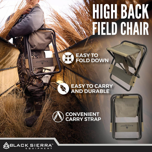 250 LBS, Black Sierra Folding Hunting Stool w/Under Seat Storage Pouch and Carry Strap, Lightweight Portable Hunt Chair