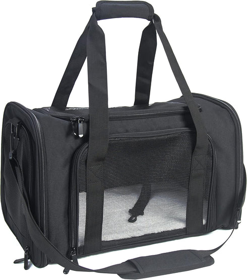 Soft Sided Carrier for Small Medium Cats Dogs, Large Black, Removable Pad Collapsible Travel