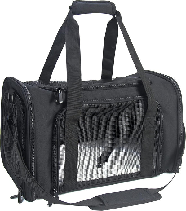 Soft Sided Carrier for Small Medium Cats Dogs, Large Black, Removable Pad Collapsible Travel