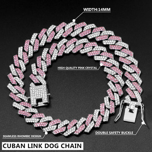 Gold Dog Chain Collar Diamond Cuban Collar Walking Metal Chain Collar with Design Secure Buckle Dog Collars for Medium Large Dogs (18inch, Pink-Silver)