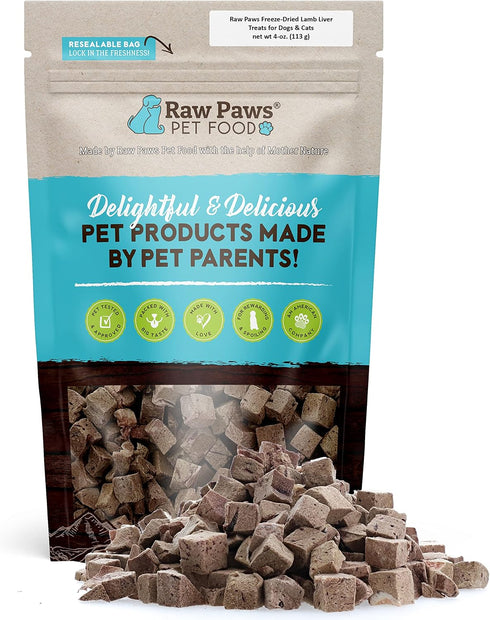 Raw Paws Freeze Dried Lamb Liver Treats for Dogs & Cats, 4-oz Made in USA for Training & Treats
