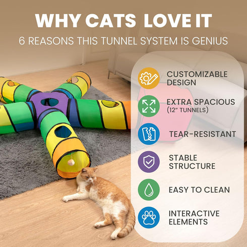 5-Way Genius Cat Tunnels for Indoor Cats - Large Customizable Tunnel Tube System with Hanging Toys, Storage Bag