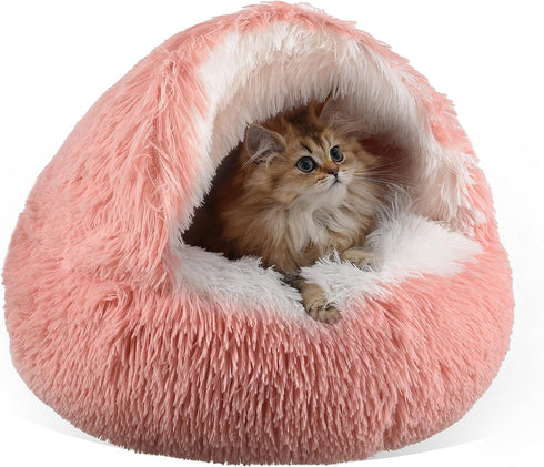 Round Plush Fluffy Cat Bed, Hooded Calming Cave for Dogs & Cats, Self Warming Bed with Non-Collapsed Cover, Machine