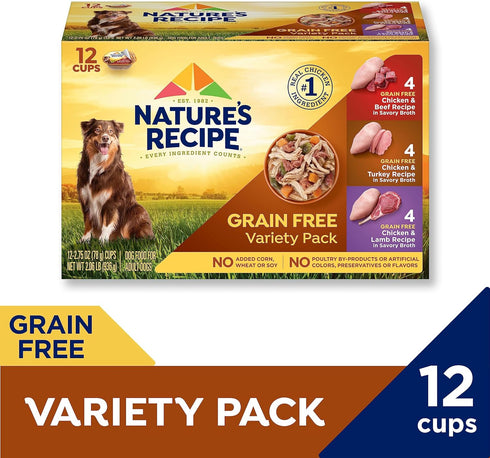 Nature’s Recipe Grain Free Wet Dog Food Variety Pack, Chicken & Beef, Chicken & Turkey, Chicken & Lamb, 2.75 Ounce