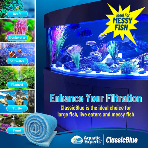 Aquatic Experts Classic Bonded Aquarium Filter Pad - 12" x 72" x .75" - Blue and White Filter Media Roll, USA Made