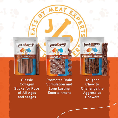 Jack&Pup 12" Beef Collagen Sticks for Dogs, Rawhide Free, Long Lasting, Single Ingredient Healthy Dog Treats (5 Pack)