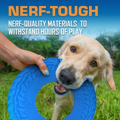 Nerf Dog Tire Flyer Outdoor Dog Toy - 10 Inch Flying Disc for Medium and Large Dogs, Blue