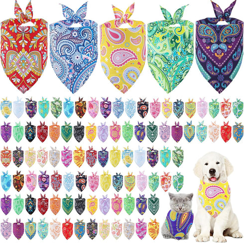 Sanwuta 100 Pcs Paisley Dog Bandana Bulk Pet Triangle Scarf Bibs Bandanas