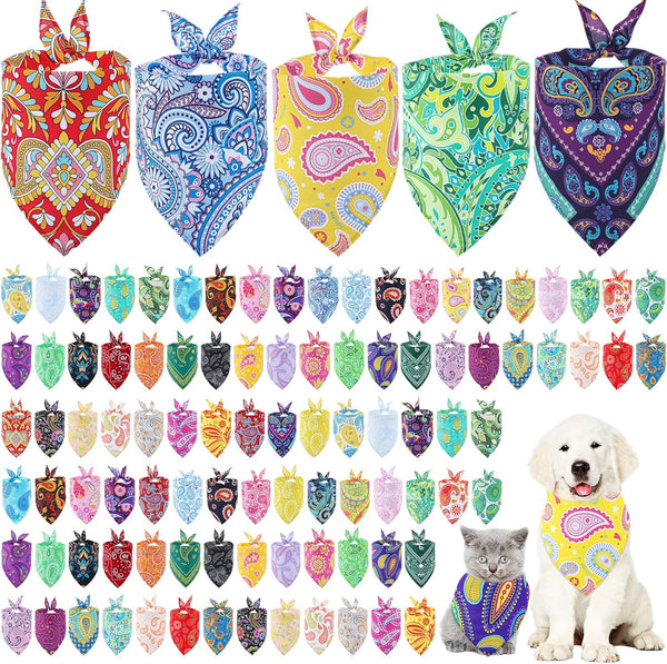 Sanwuta 100 Pcs Paisley Dog Bandana Bulk Pet Triangle Scarf Bibs Bandanas