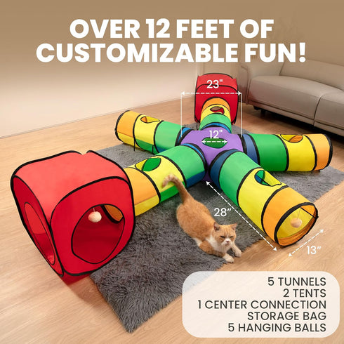5-Way Genius Cat Tunnels for Indoor Cats - Large Customizable Tunnel Tube System with Hanging Toys, Storage Bag