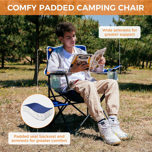 300LBS FUNDANGO Folding Padded Camping Chair, Portable Outdoor Full Back Lawn Arm Chair with Side Table Cup Holder Side