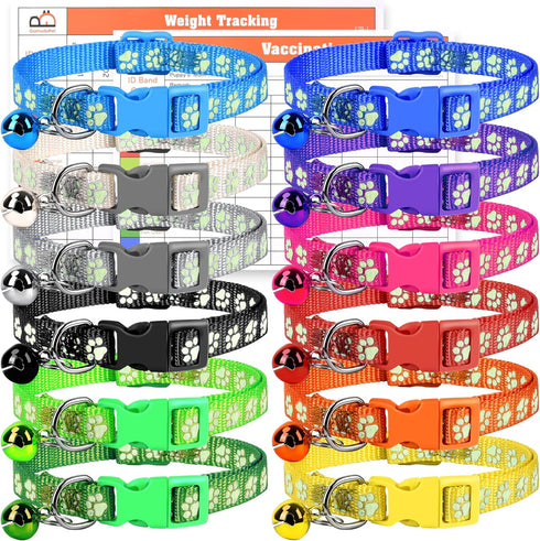 GAMUDA 12Pcs Reflective Puppy Collars, Soft Nylon Whelping Identification Collars, Glow in The Dark, Adjustable Buckle,