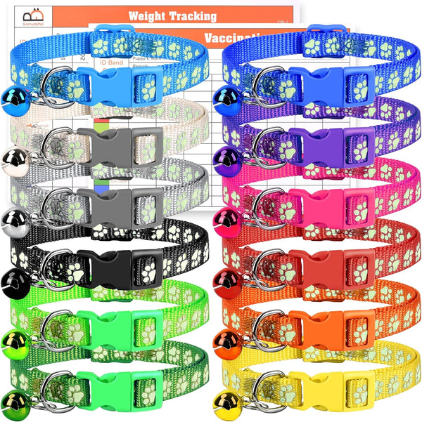 GAMUDA 12Pcs Reflective Puppy Collars, Soft Nylon Whelping Identification Collars, Glow in The Dark, Adjustable Buckle,