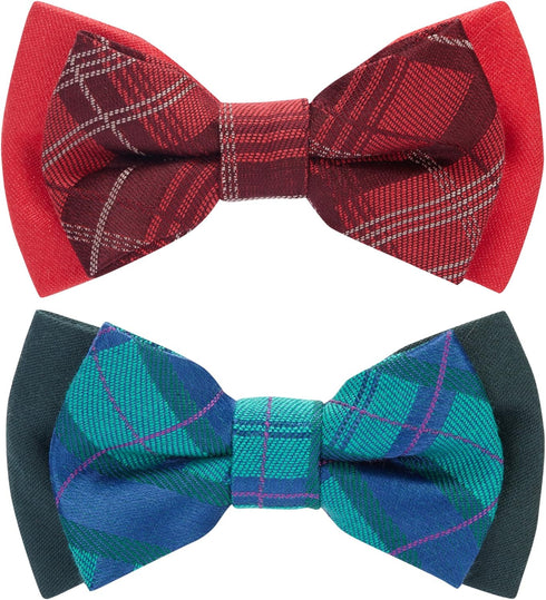 Blueberry Pet Gift Box with 2 Handmade Dog Cat Bow Ties, Scottish Plaid Tartan Style in Scarlet Red & Emerald Green, 4"