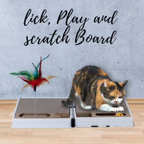 All-in-One Cat Scratcher Pad and Play Area, Foldable Book-Shaped Cardboard with 2 Reversible Scratch Pads